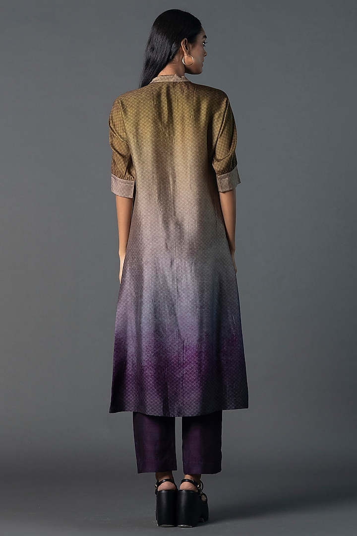 Brown & Purple Dupion Silk Printed A-Line Kurta Set by CLOS at Pernia's Pop Up Shop