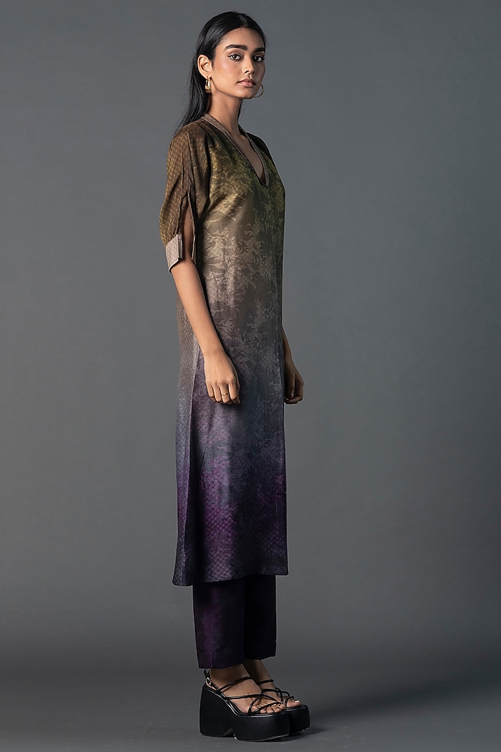 Brown & Purple Dupion Silk Printed A-Line Kurta Set by CLOS at Pernia's Pop Up Shop