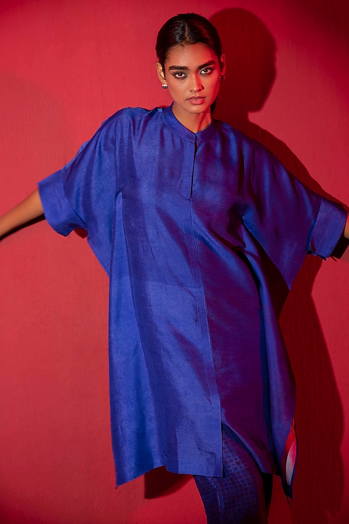 Deep Blue Dupion Silk Asymmetric Co-Ord Set by CLOS at Pernia's Pop Up Shop