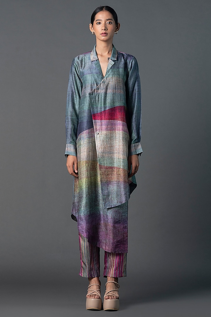 Grey & Purple Dupion Silk Printed Asymmetric Tunic Set by CLOS