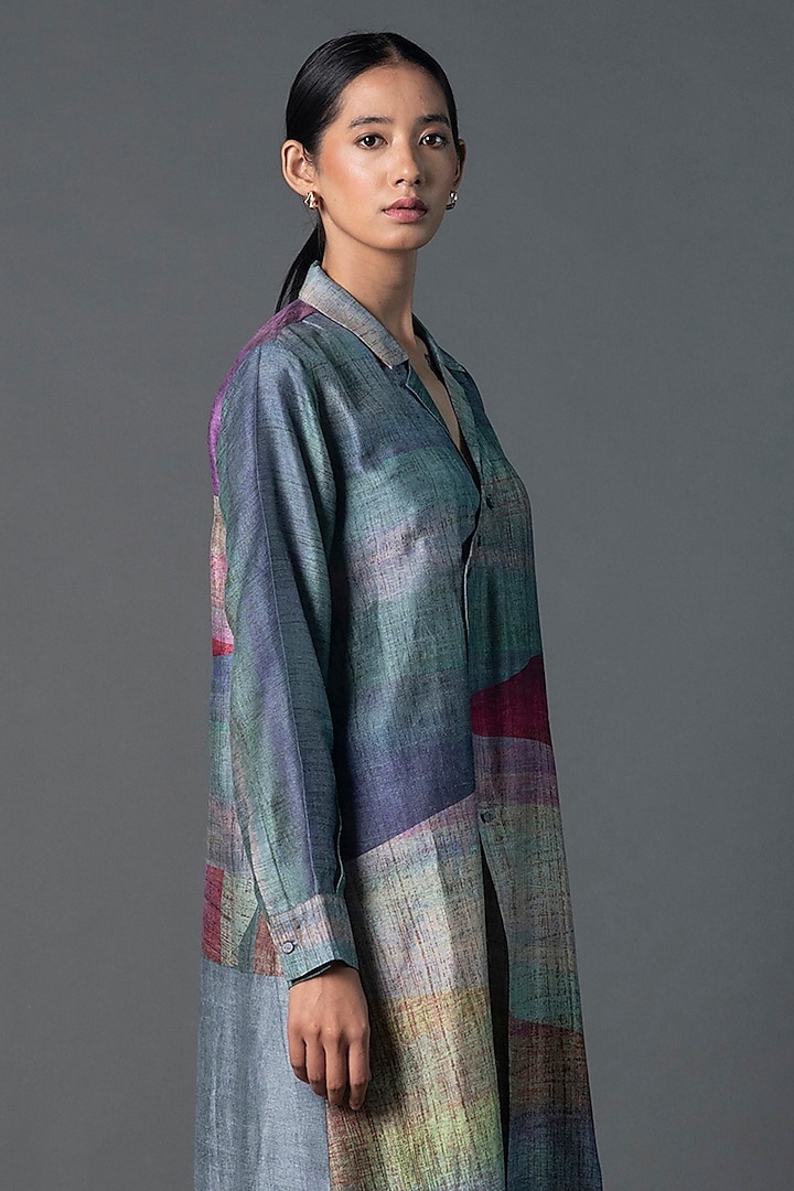 Grey & Purple Dupion Silk Printed Asymmetric Tunic Set by CLOS at Pernia's Pop Up Shop