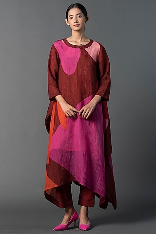 Maroon & Pink Japanese Quash Printed Draped Straight Kurta Set by CLOS
