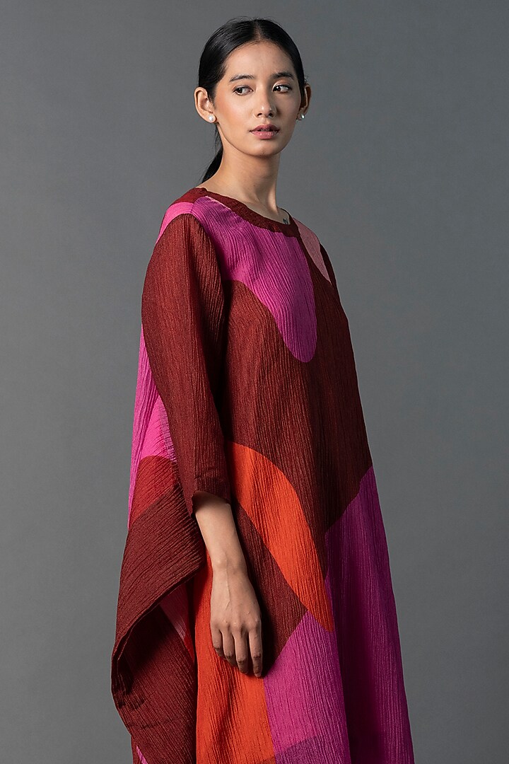 Maroon & Pink Japanese Quash Printed Draped Straight Kurta Set by CLOS at Pernia's Pop Up Shop