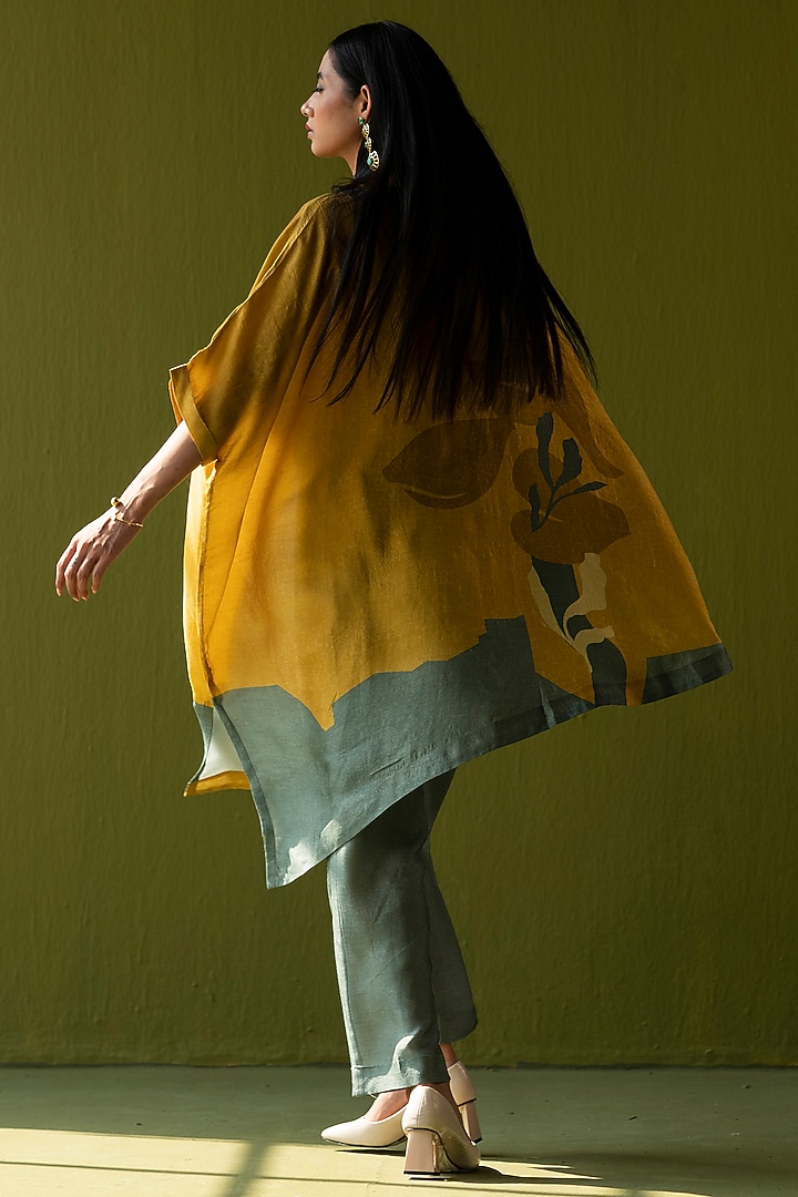 Green & Yellow Dupion Silk Printed Asymmetric Tunic Set by CLOS at Pernia's Pop Up Shop