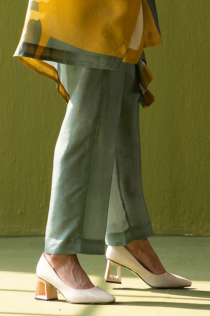 Green & Yellow Dupion Silk Printed Asymmetric Tunic Set by CLOS at Pernia's Pop Up Shop