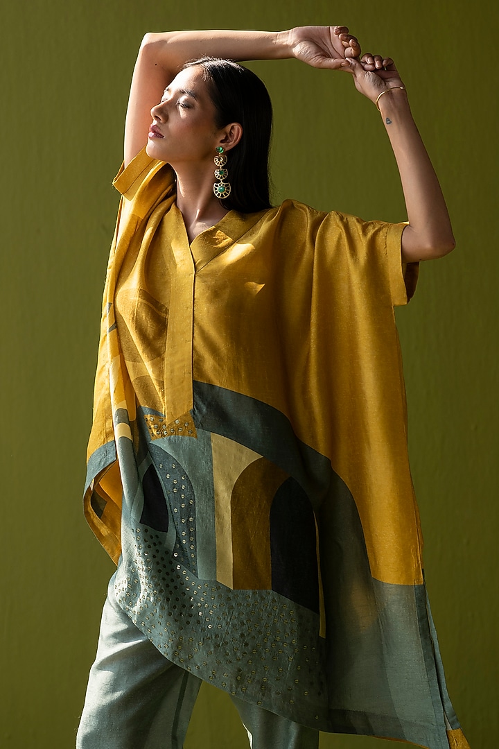 Green & Yellow Dupion Silk Printed Asymmetric Tunic Set by CLOS at Pernia's Pop Up Shop