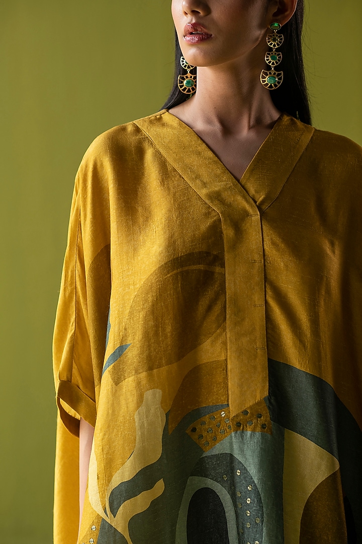 Green & Yellow Dupion Silk Printed Asymmetric Tunic Set by CLOS at Pernia's Pop Up Shop