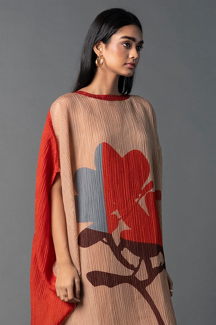 Beige & Red Japanese Quash Floral Printed Kaftan Summer Dress by CLOS at Pernia's Pop Up Shop