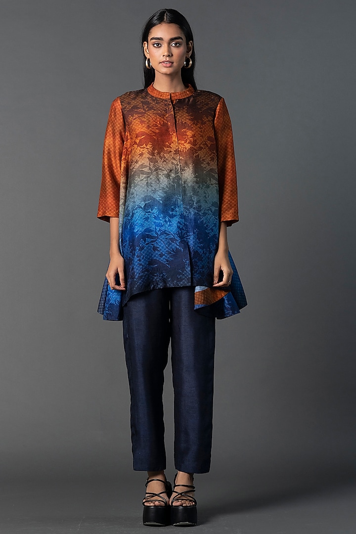Orange & Blue Dupion Silk Printed Tunic Set by CLOS