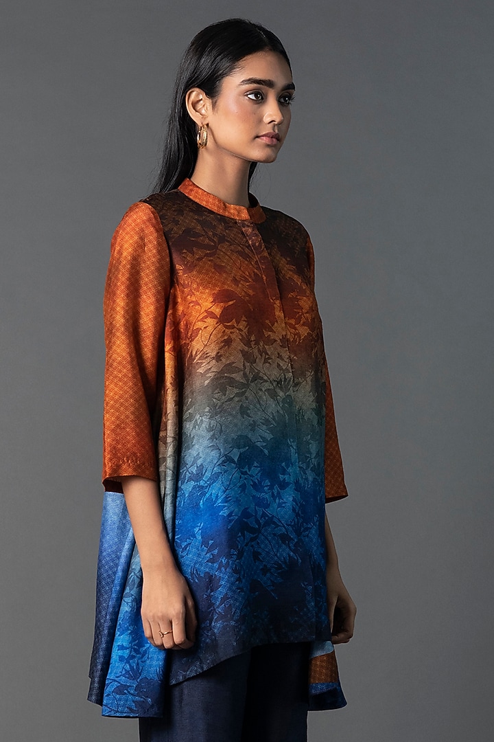 Orange & Blue Dupion Silk Printed Tunic Set by CLOS at Pernia's Pop Up Shop