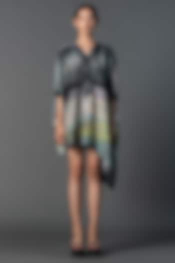 Deep Grey Dupion Silk Printed Asymmetric Dress by CLOS