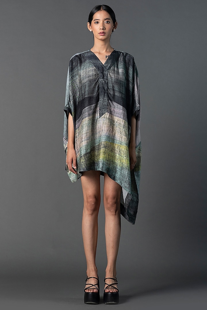 Deep Grey Dupion Silk Printed Asymmetric Dress by CLOS