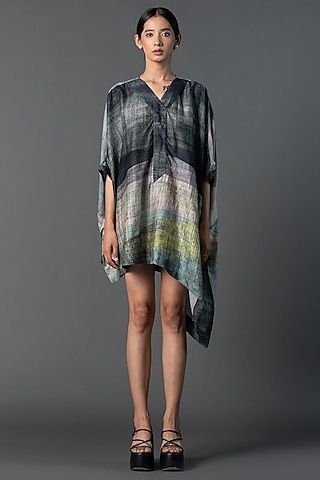 Deep Grey Dupion Silk Printed Asymmetric Dress by CLOS