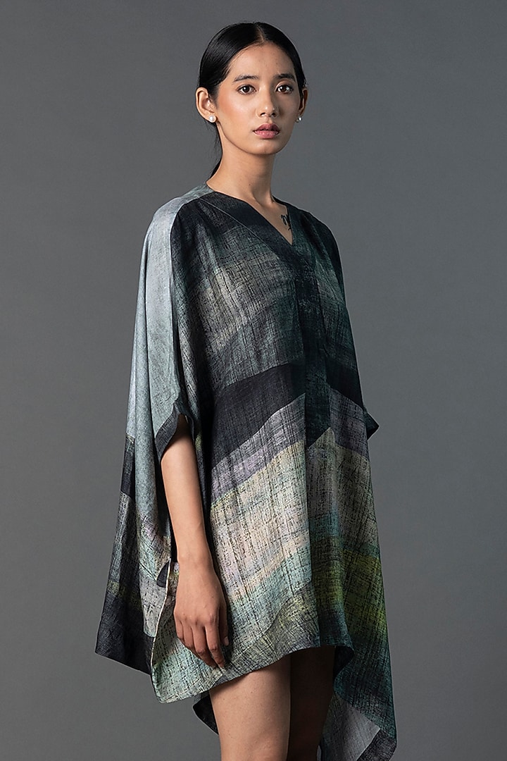 Deep Grey Dupion Silk Printed Asymmetric Summer Dress by CLOS at Pernia's Pop Up Shop