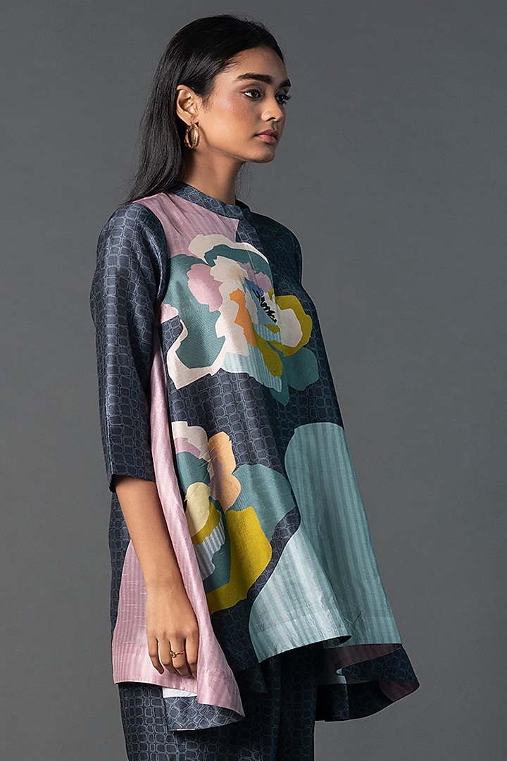 Dark Grey Dupion Silk Printed Co-Ord Set by CLOS at Pernia's Pop Up Shop