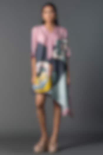 Grey & Pink Dupion Silk Printed Asymmetric Dress by CLOS