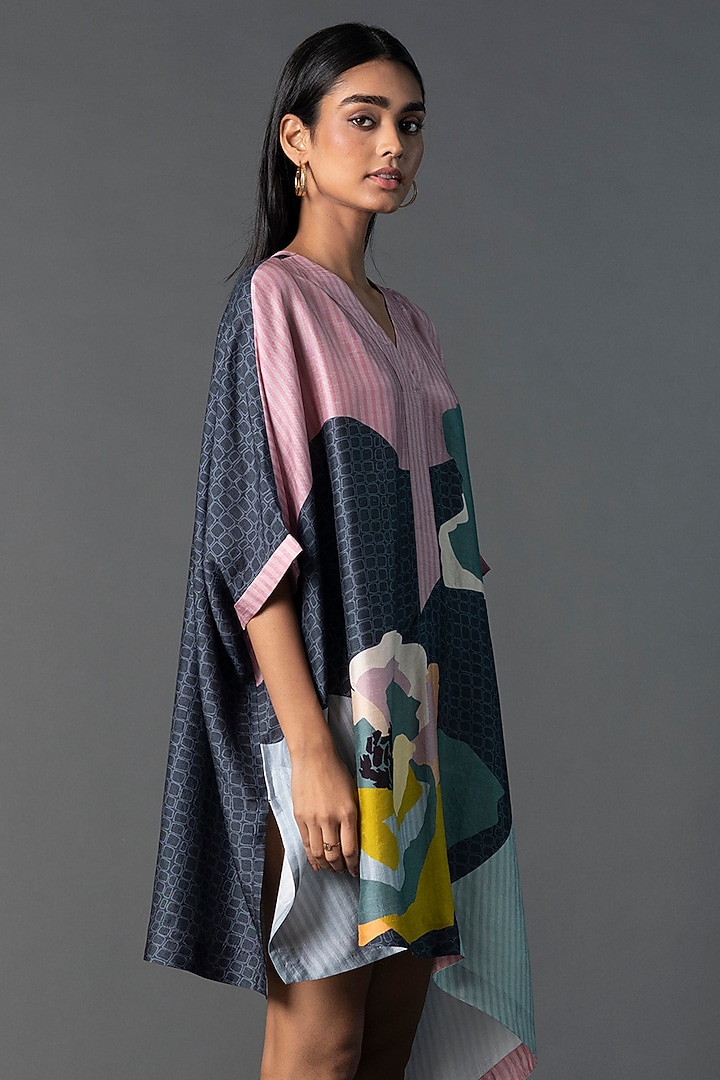Grey & Pink Dupion Silk Printed Asymmetric Summer Dress by CLOS at Pernia's Pop Up Shop