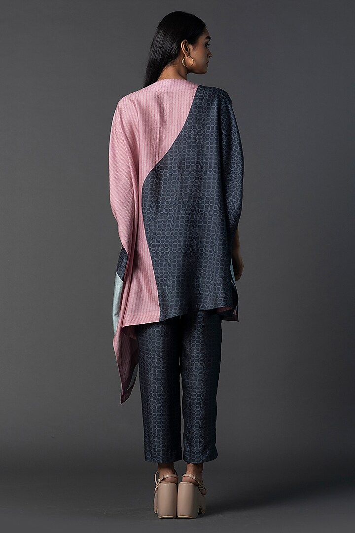 Dark Grey & Light Pink Dupion Silk Printed Asymmetric Co-Ord Set by CLOS at Pernia's Pop Up Shop