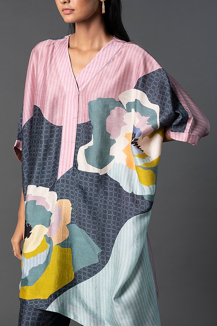 Dark Grey & Light Pink Dupion Silk Printed Asymmetric Co-Ord Set by CLOS at Pernia's Pop Up Shop
