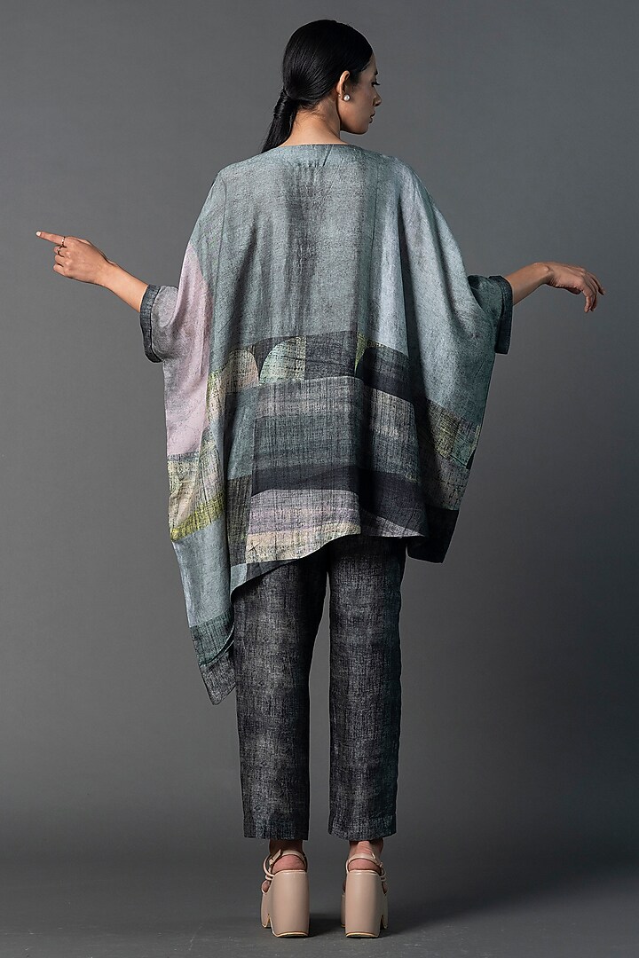 Dark Grey Dupion Silk Printed Asymmetric Co-Ord Set by CLOS at Pernia's Pop Up Shop