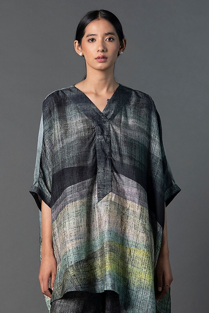 Dark Grey Dupion Silk Printed Asymmetric Co-Ord Set by CLOS at Pernia's Pop Up Shop