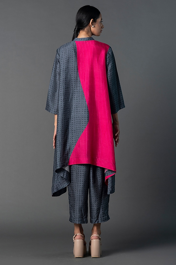 Dark Grey Dupion Silk Printed Asymmetric Co-Ord Set by CLOS at Pernia's Pop Up Shop