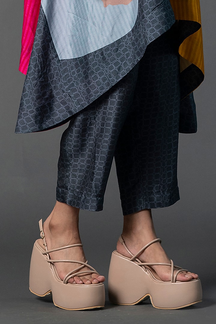 Dark Grey Dupion Silk Printed Asymmetric Co-Ord Set by CLOS at Pernia's Pop Up Shop