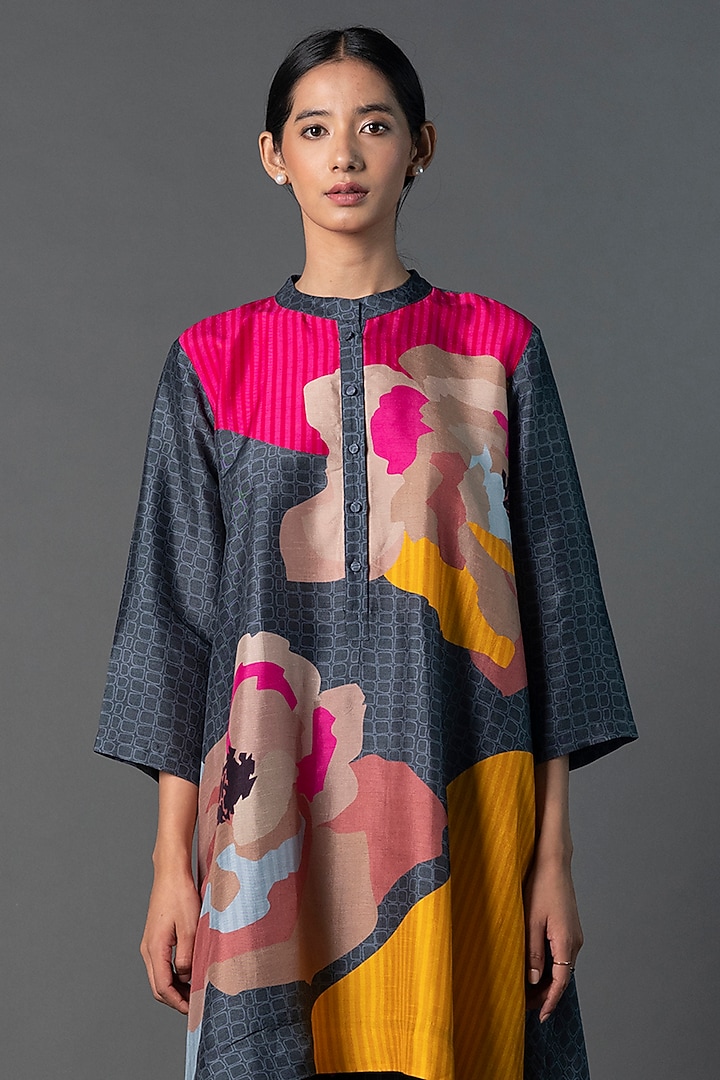 Dark Grey Dupion Silk Printed Asymmetric Co-Ord Set by CLOS at Pernia's Pop Up Shop