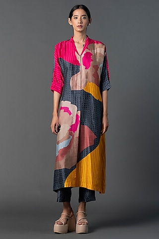 Dark Grey & Hot Pink Dupion Silk Printed A-Line Kurta Set by CLOS