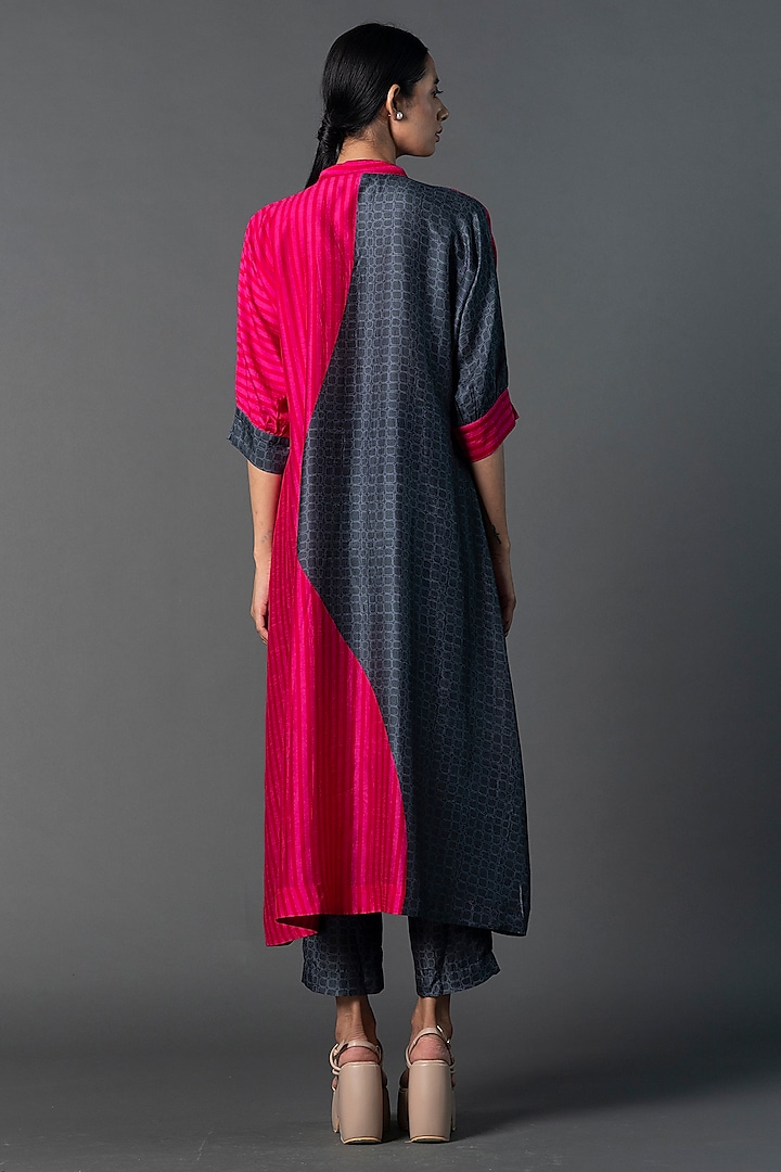 Dark Grey & Hot Pink Dupion Silk Printed A-Line Kurta Set by CLOS at Pernia's Pop Up Shop