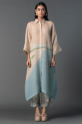 Pastel Blue & Cream Japanese Quash Printed A-Line Kurta Set by CLOS