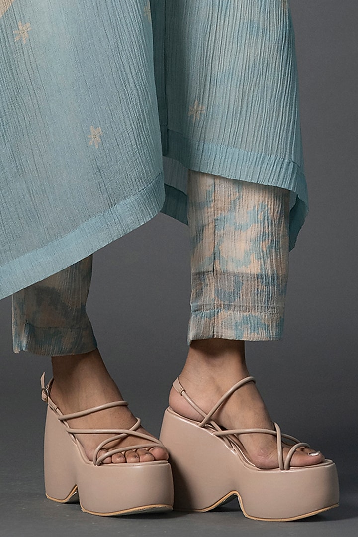 Pastel Blue & Cream Japanese Quash Printed A-Line Kurta Set by CLOS at Pernia's Pop Up Shop