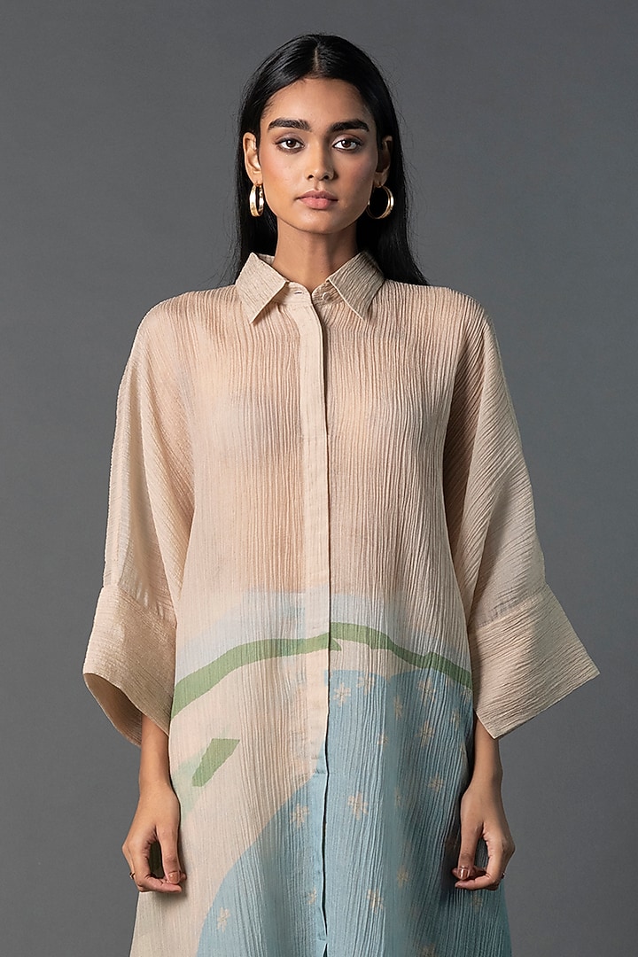 Pastel Blue & Cream Japanese Quash Printed A-Line Kurta Set by CLOS at Pernia's Pop Up Shop