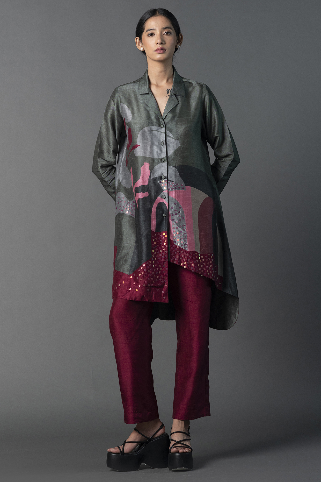 Grey & Maroon Dupion Silk Printed Asymmetric Co-Ord Set by CLOS