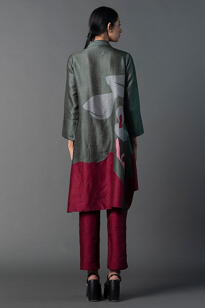 Grey & Maroon Dupion Silk Printed Asymmetric Co-Ord Set by CLOS at Pernia's Pop Up Shop