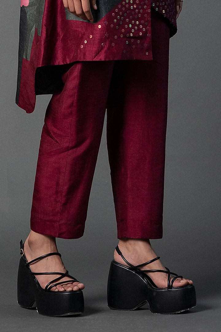 Grey & Maroon Dupion Silk Printed Asymmetric Co-Ord Set by CLOS at Pernia's Pop Up Shop