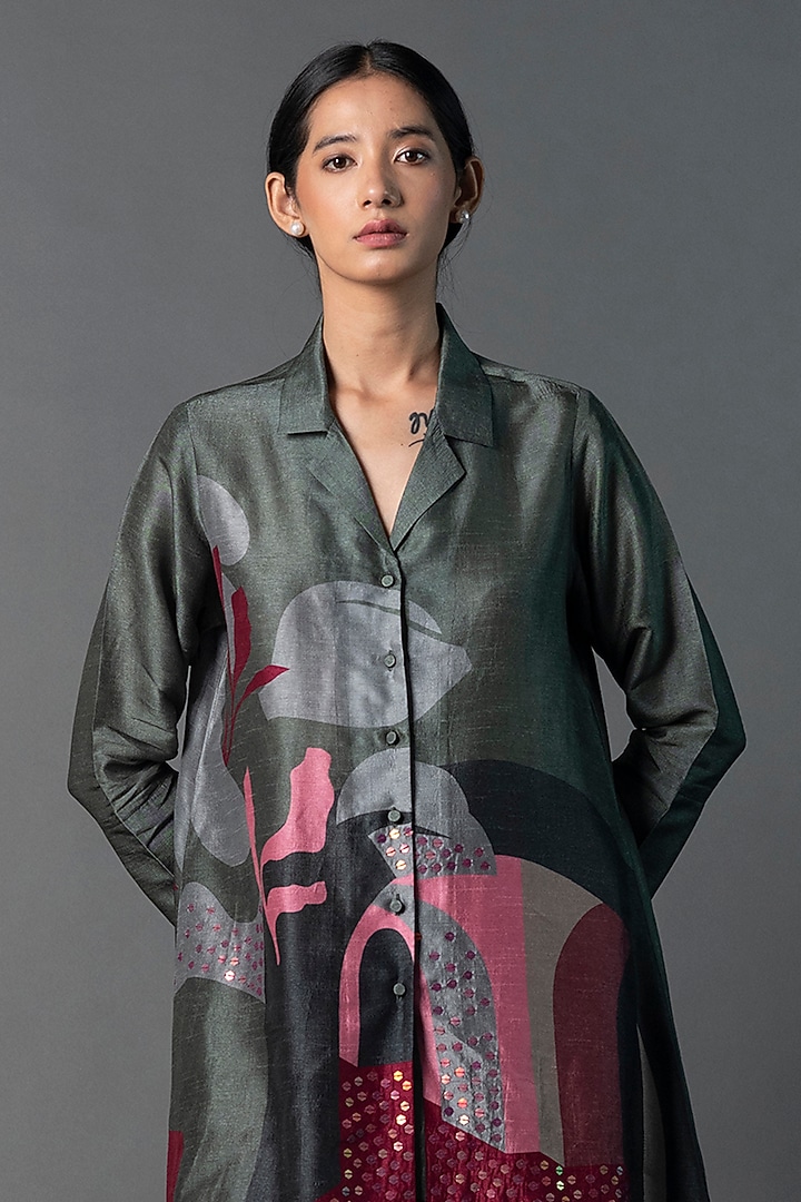 Grey & Maroon Dupion Silk Printed Asymmetric Co-Ord Set by CLOS at Pernia's Pop Up Shop