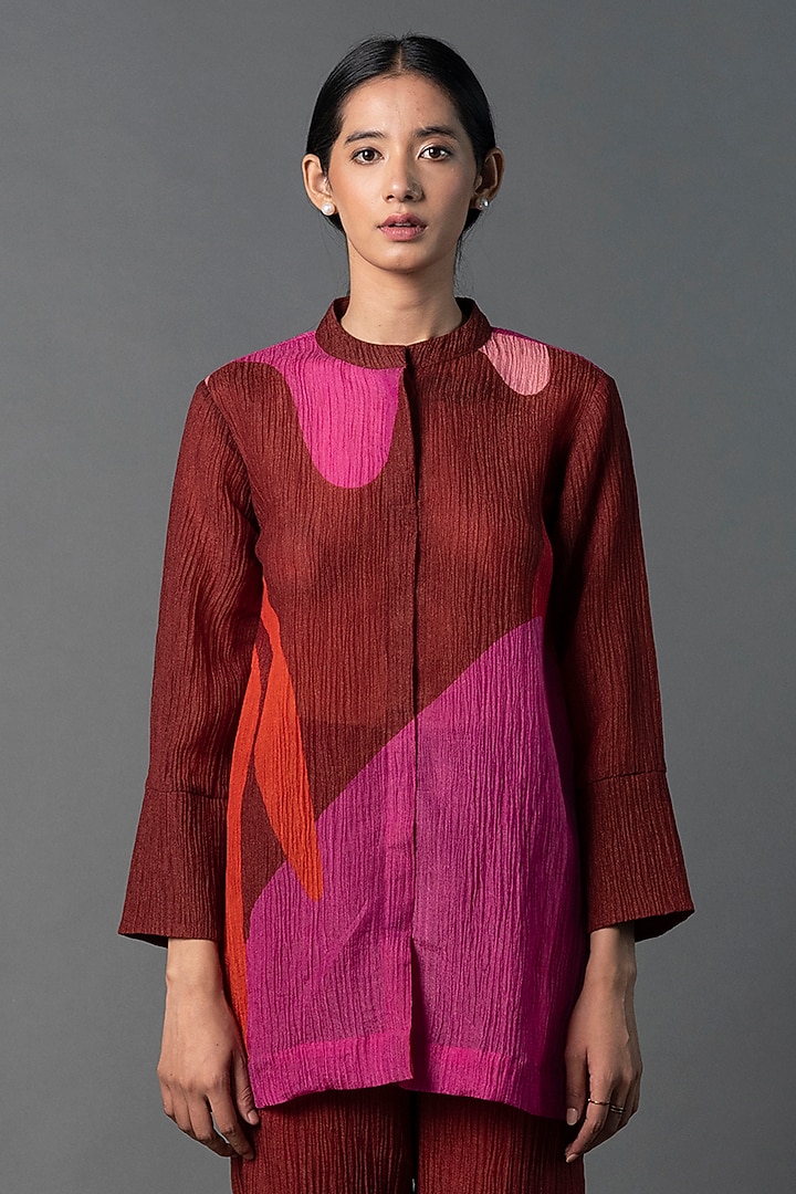 Maroon & Orange Japanese Quash Printed Co-Ord Set by CLOS at Pernia's Pop Up Shop