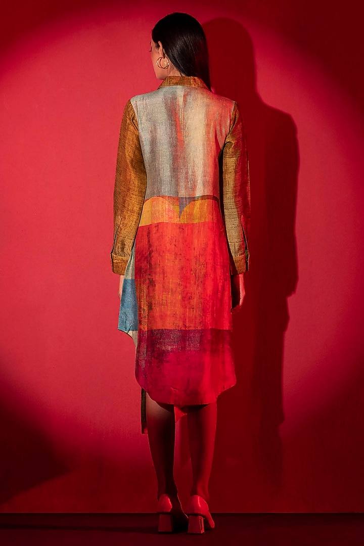 Deep Gold Dupion Silk Printed Asymmetric Tunic Set by CLOS at Pernia's Pop Up Shop