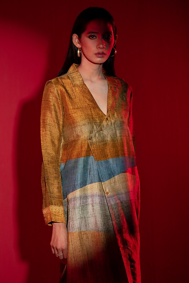 Deep Gold Dupion Silk Printed Asymmetric Tunic Set by CLOS at Pernia's Pop Up Shop