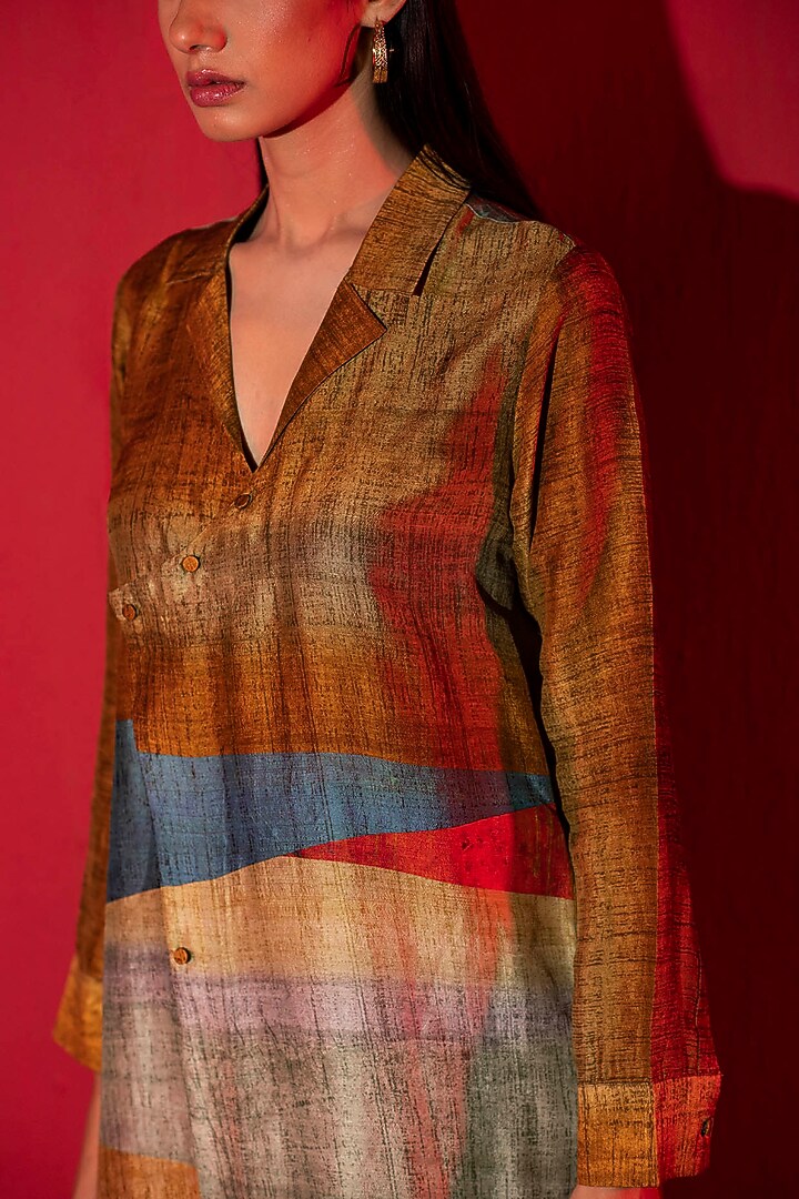 Deep Gold Dupion Silk Printed Asymmetric Tunic Set by CLOS at Pernia's Pop Up Shop