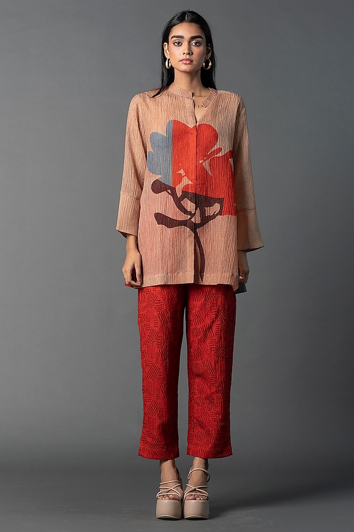 Beige & Red Dupion Silk Printed Co-Ord Set by CLOS