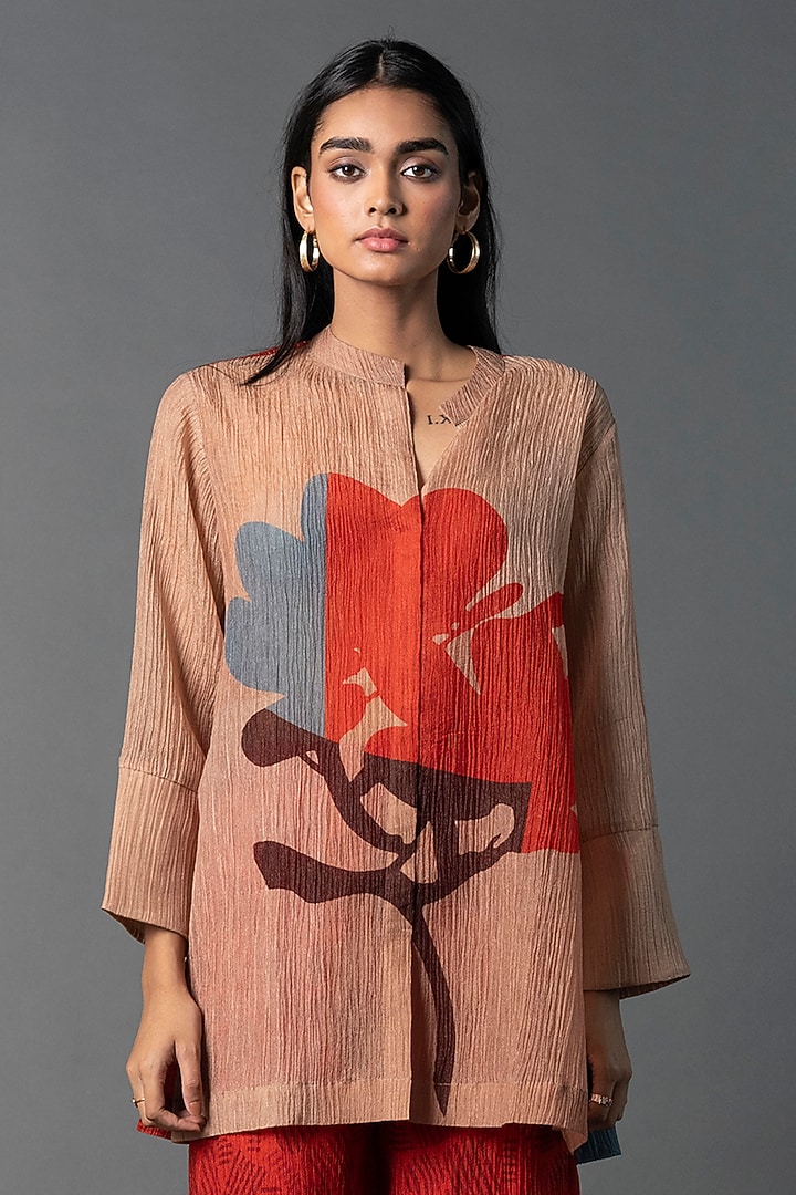 Beige & Red Dupion Silk Printed Co-Ord Set by CLOS at Pernia's Pop Up Shop