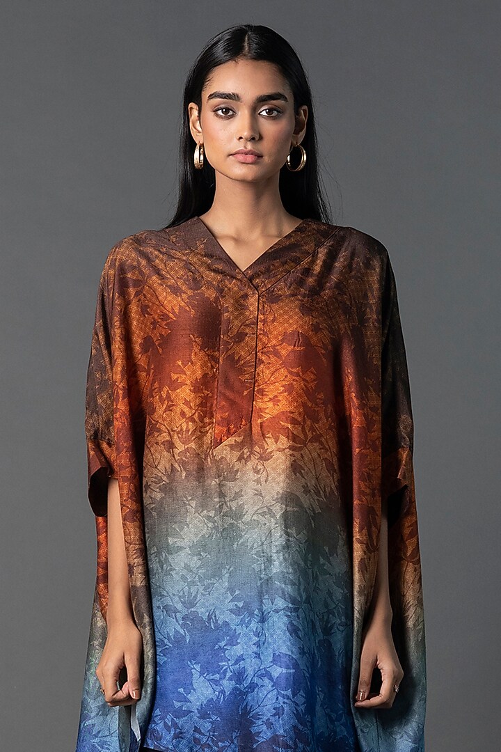 Blue & Orange Dupion Silk Printed Asymmetric Co-Ord Set by CLOS at Pernia's Pop Up Shop