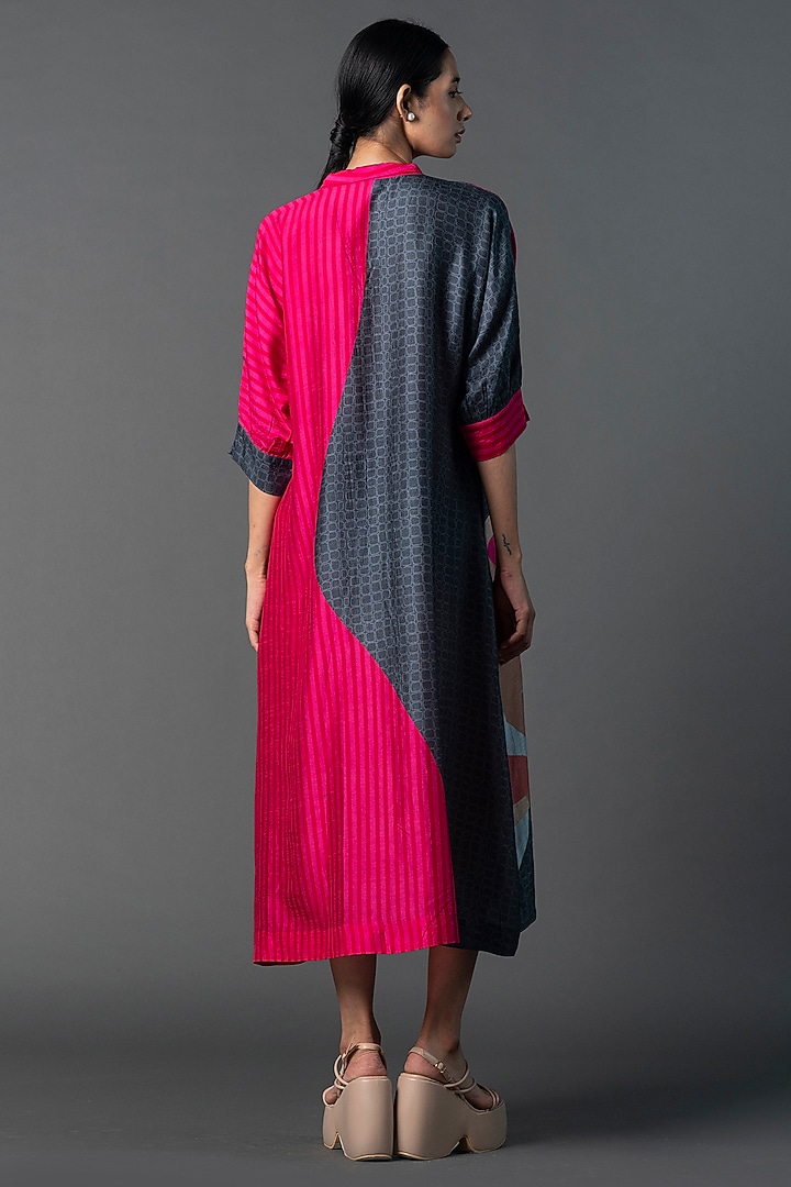 Grey & Hot Pink Dupion Silk Printed A-Line Kurta by CLOS at Pernia's Pop Up Shop