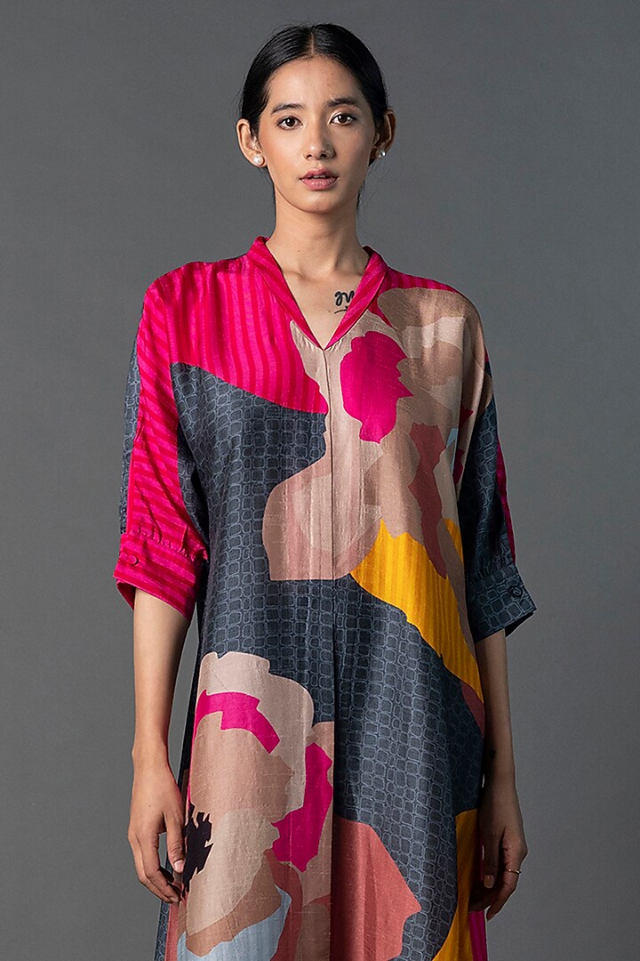 Grey & Hot Pink Dupion Silk Printed A-Line Kurta by CLOS at Pernia's Pop Up Shop