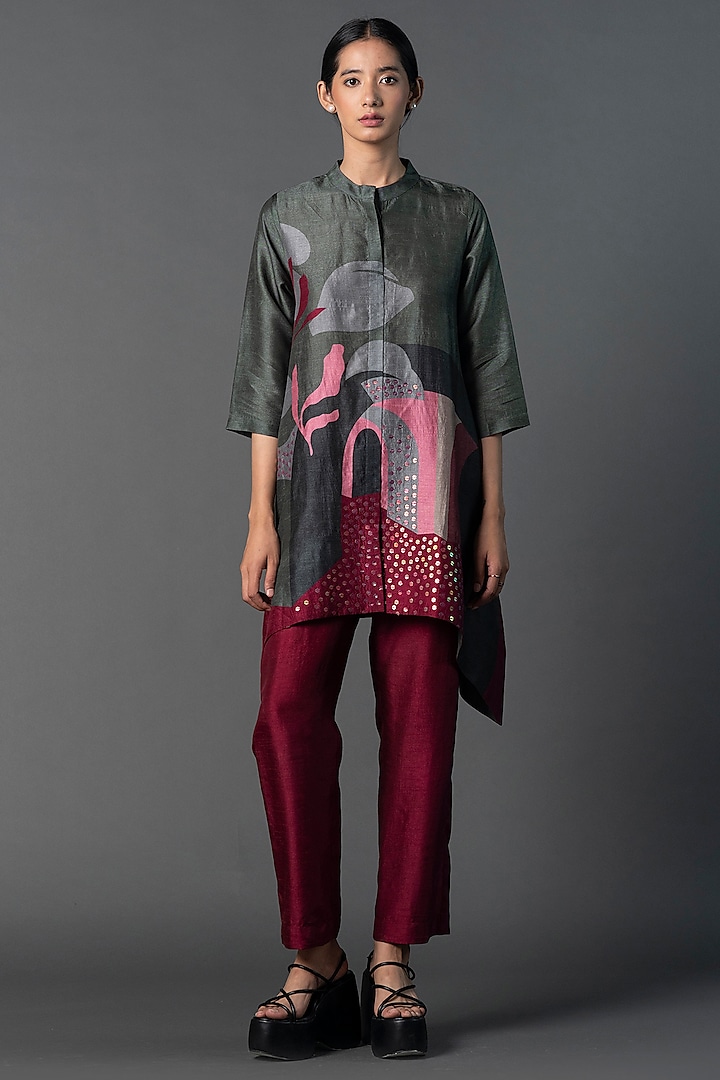 Dark Grey & Maroon Dupion Silk Printed & Sequins Hand Embroidered Co-Ord Set by CLOS