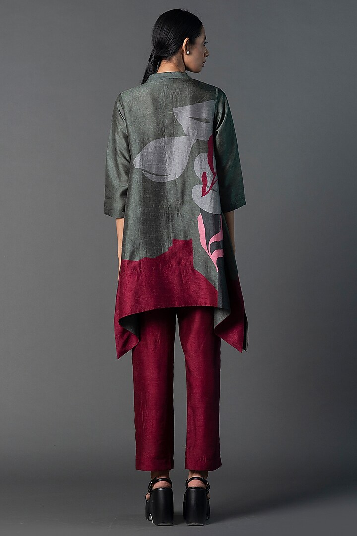 Dark Grey & Maroon Dupion Silk Printed & Sequins Hand Embroidered Co-Ord Set by CLOS at Pernia's Pop Up Shop