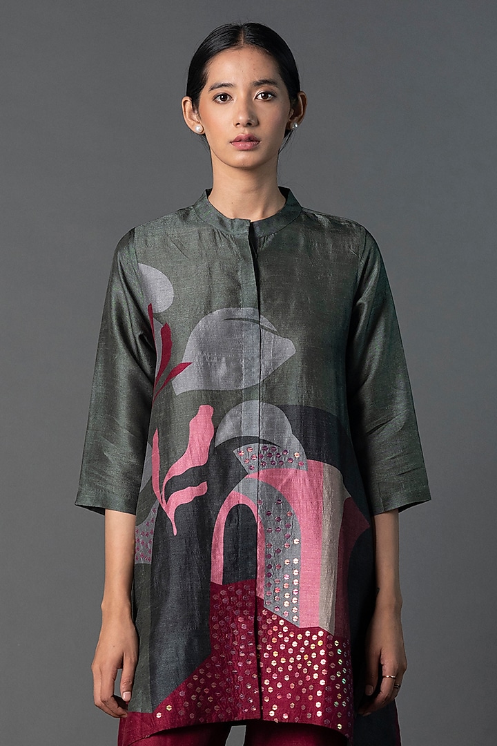 Dark Grey & Maroon Dupion Silk Printed & Sequins Hand Embroidered Co-Ord Set by CLOS at Pernia's Pop Up Shop