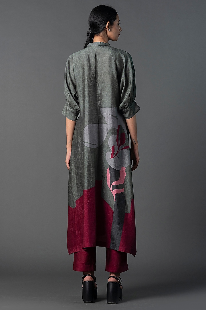 Dark Grey & Maroon Dupion Silk Printed A-Line Kurta Set by CLOS at Pernia's Pop Up Shop
